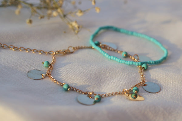 Teal and Gold anklet duo