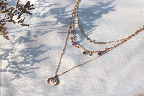 Amethyst crystal layered moon necklace